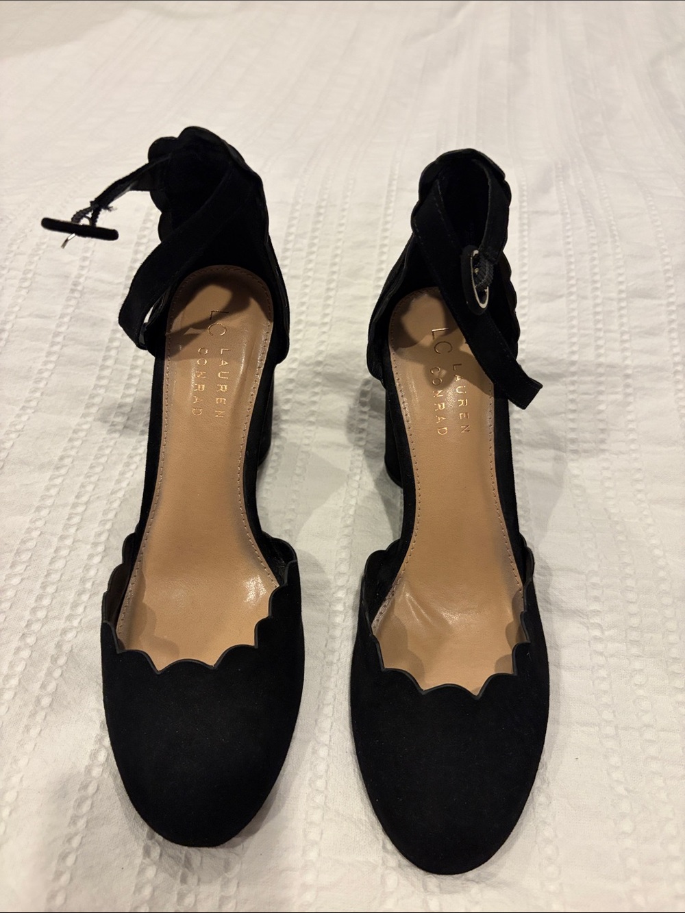 LC Lauren Conrad Black Suede Scalloped Ankle Strap Heels